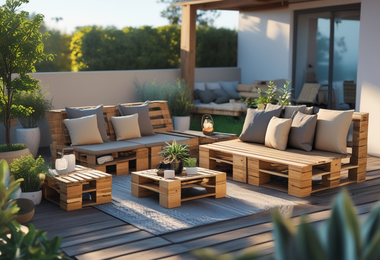 Outdoor patio with pallet furniture including sofa, coffee table, and chairs surrounded by plants and greenery.