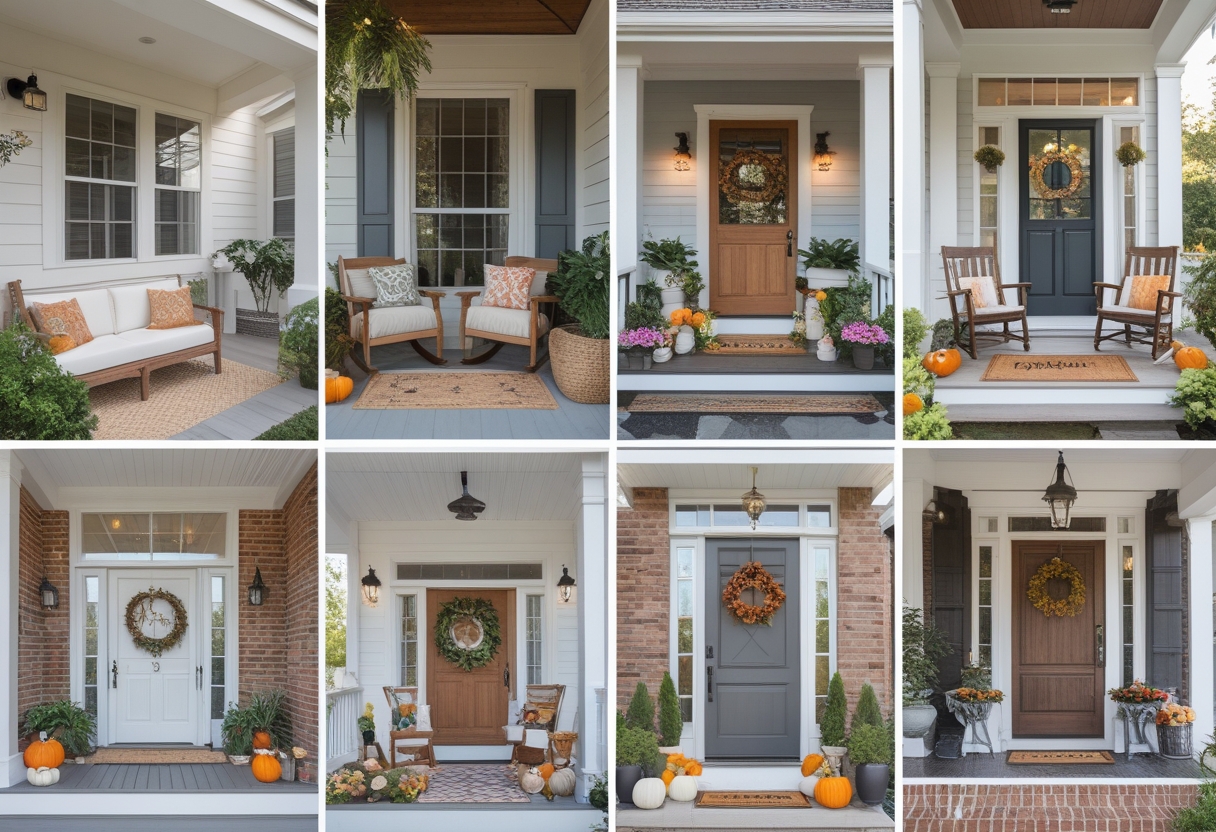 A collage of eight different front porches showing various seating arrangements, plants, doors, and decorations.