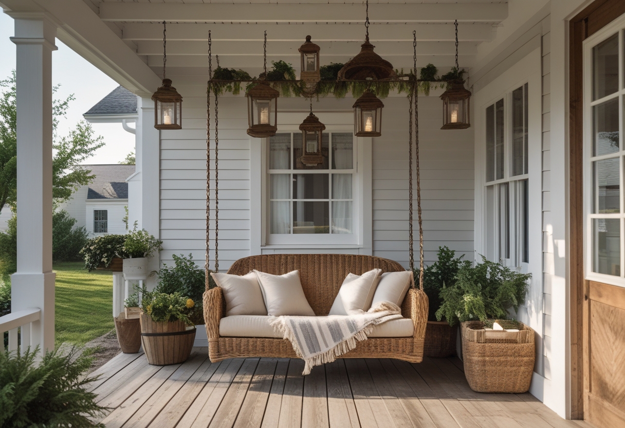 A farmhouse porch with a wicker swing, lanterns, potted plants, and wooden floor.