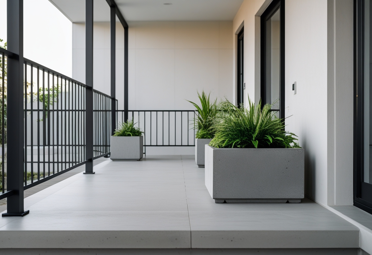 Front porch with black metal railing and concrete planters filled with green plants.