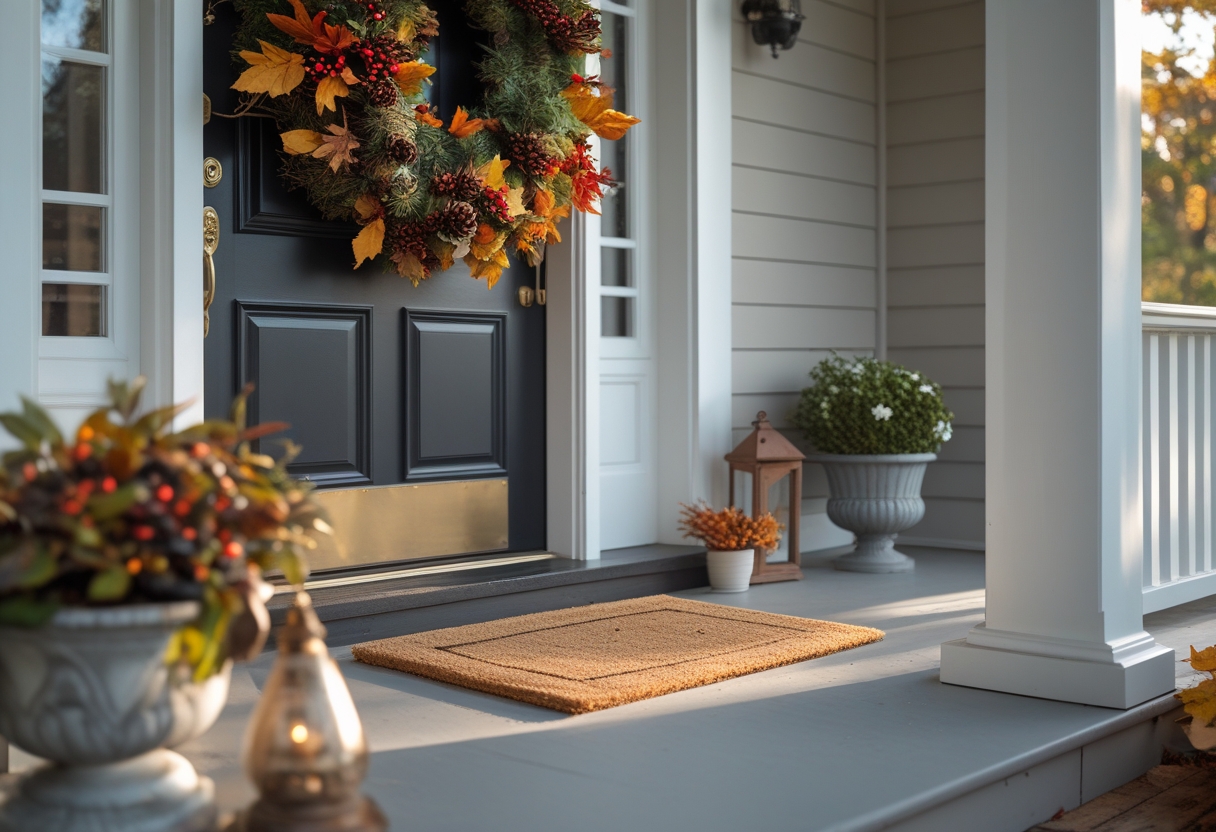 Front porch entry with a seasonal wreath on the door and layered doormats on the floor.