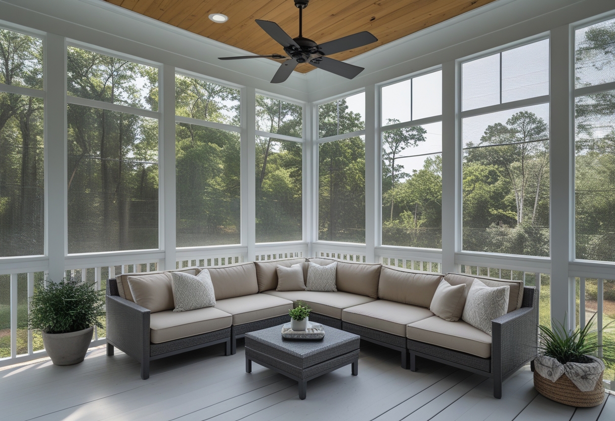 A screened-in porch with a ceiling fan and a weatherproof sectional sofa arranged for seating.