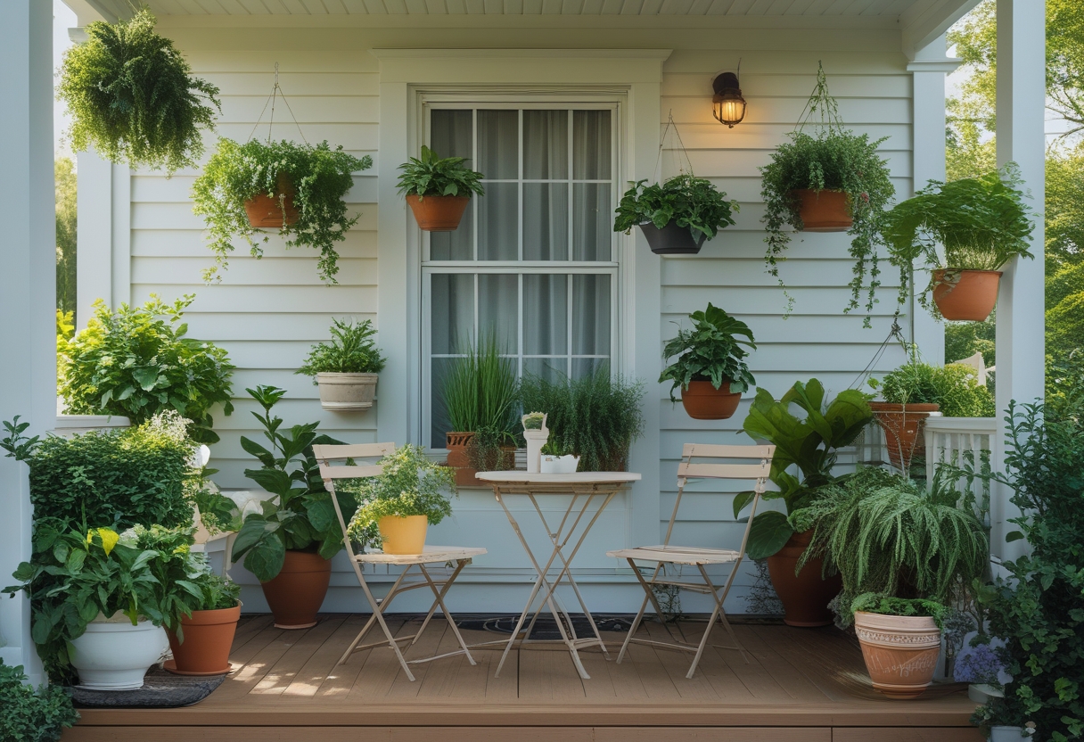 Small front porch with hanging plants and a foldable bistro table and chairs.
