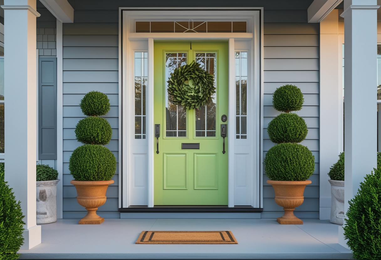 Front porch with a brightly painted door, contrasting trim, and potted boxwood plants on either side.