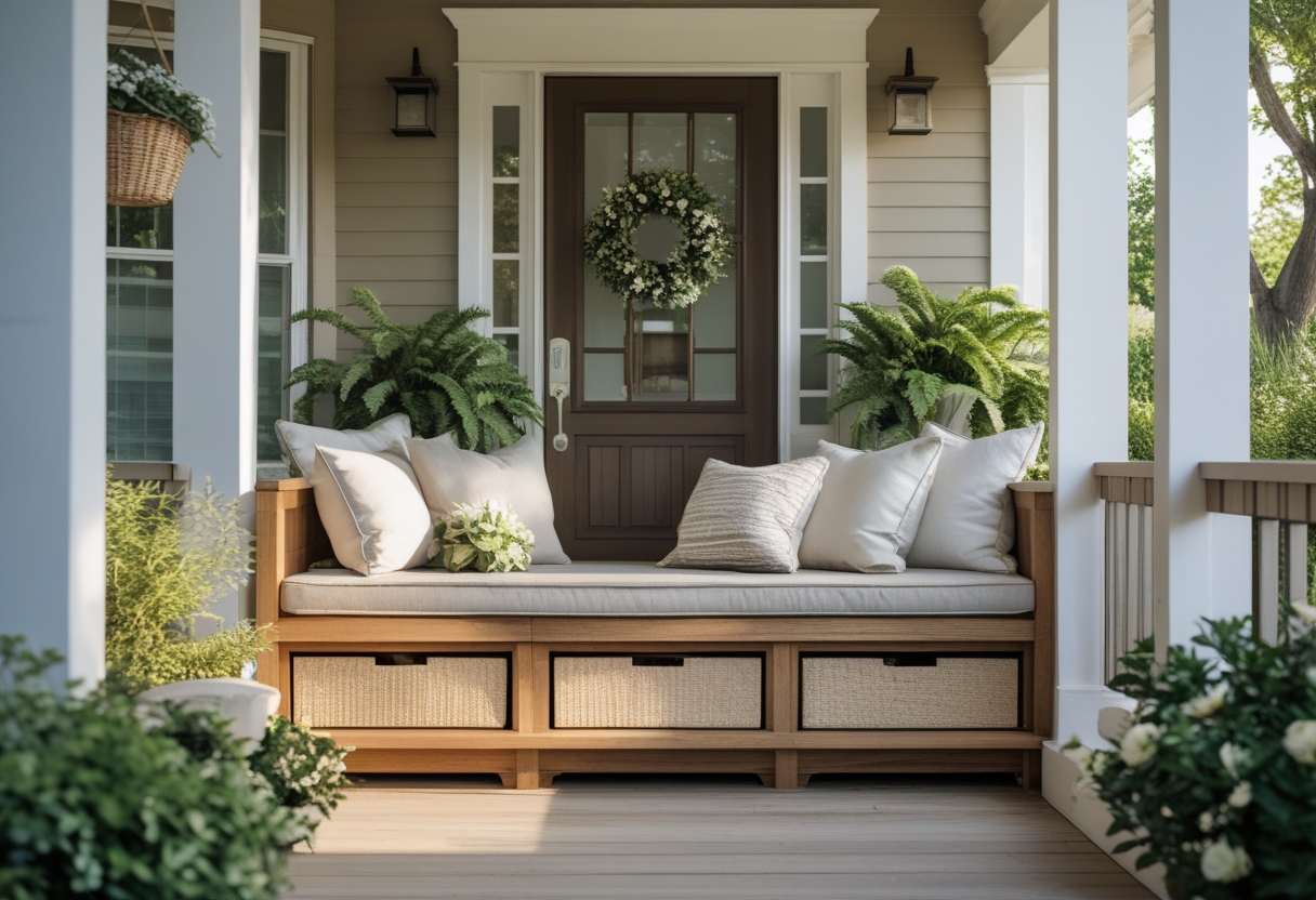 Front porch with a built-in wooden bench that has storage underneath, decorated with outdoor cushions and surrounded by plants.