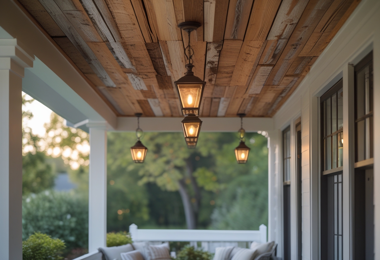 Front porch with a wooden ceiling and hanging pendant lights, showing part of a seating area and greenery in the background.