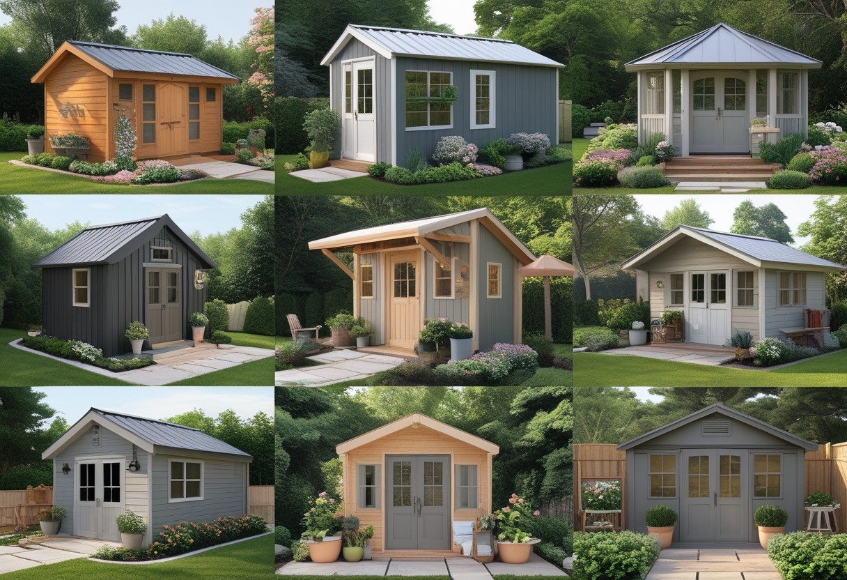 A collage of 15 different garden sheds displayed outdoors with various designs, colors, and garden settings.