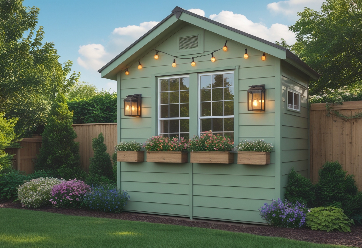 A sage-green garden shed with flower boxes and string lights surrounded by greenery.