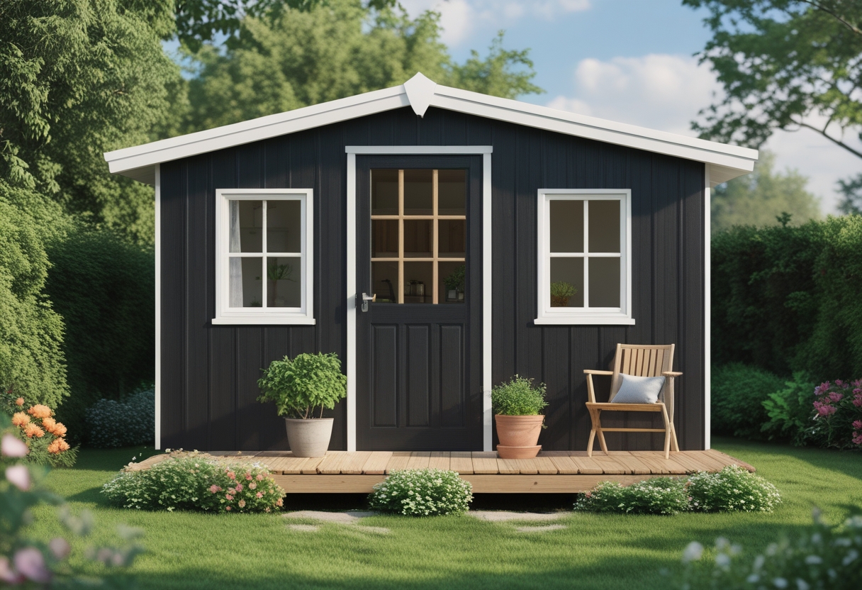 A black garden shed with white trim and a small wooden porch surrounded by greenery and flowers.