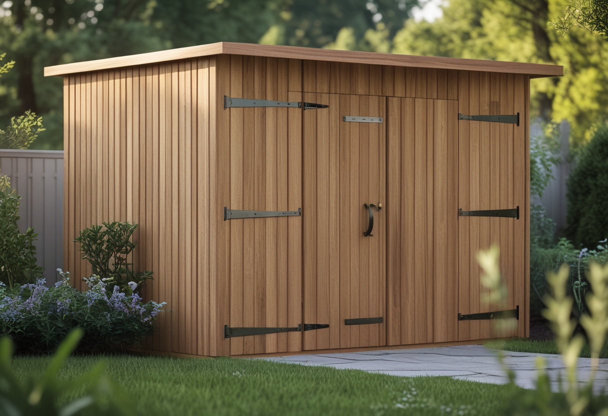 A cedar garden shed with vertical wooden panels and bronze hardware surrounded by green grass and plants.
