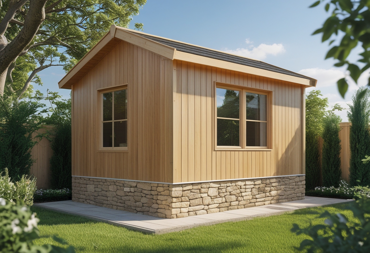 Garden shed with stone base and wooden upper walls surrounded by grass and plants.