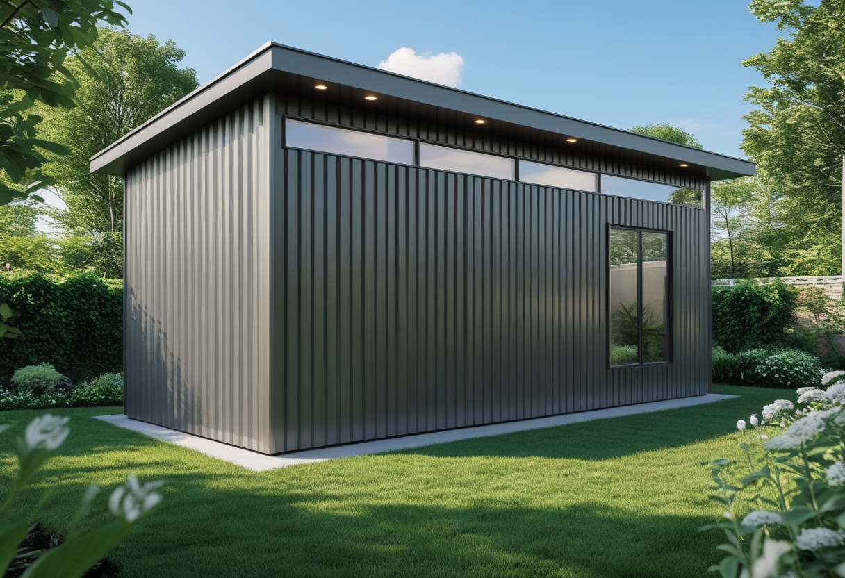 A modern corrugated metal garden shed with clerestory windows surrounded by plants and grass.