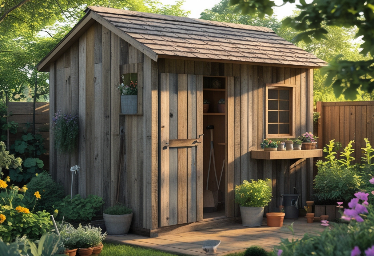 A garden shed made of reclaimed wood surrounded by plants and gardening tools.