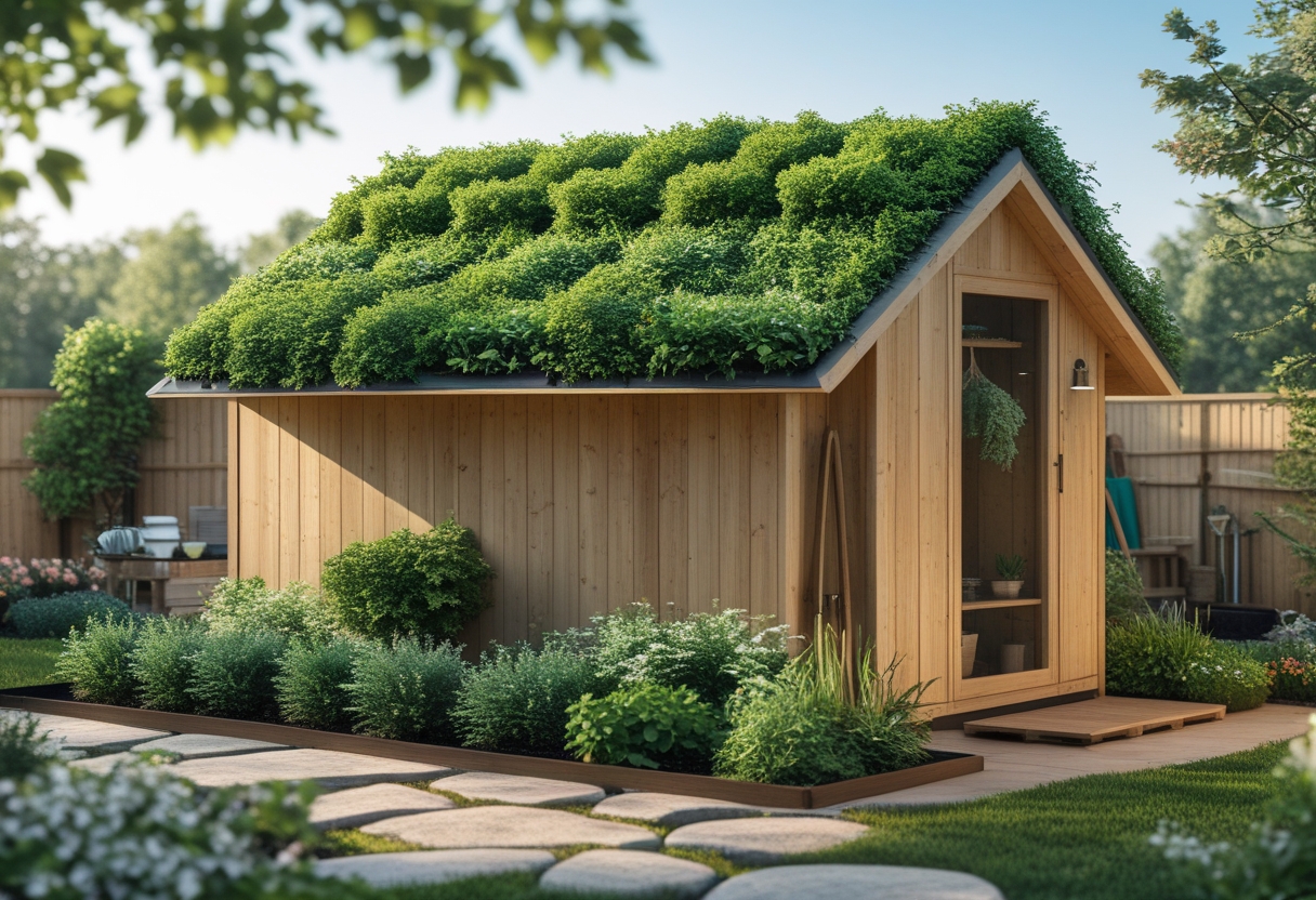 A compact wooden garden shed with a green living roof of sedum and herbs, surrounded by a garden and stone pathway.