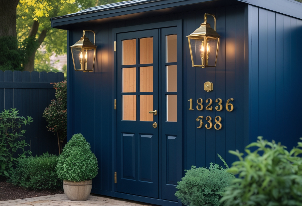 A navy blue garden shed with brass lanterns and brass house numbers surrounded by green plants.