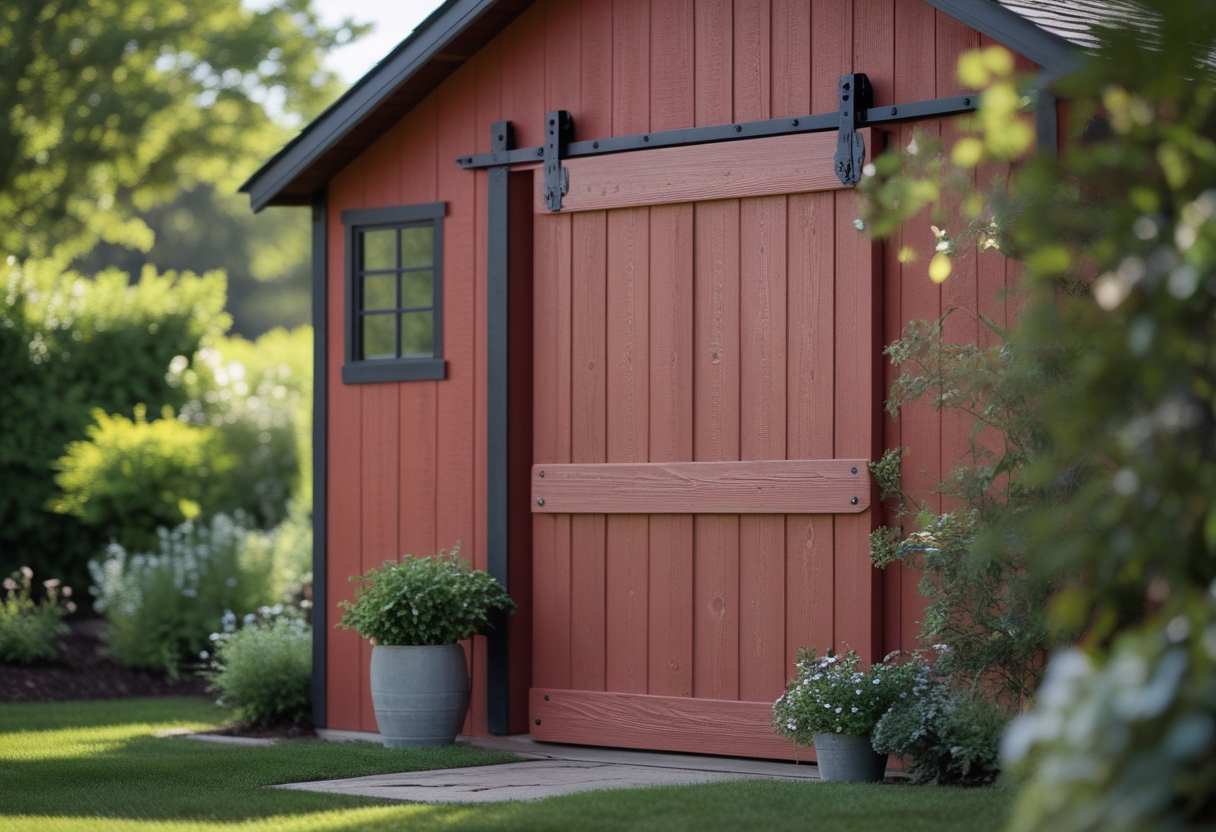 A garden shed with a red sliding barn door and black wrought-iron hinges surrounded by greenery.