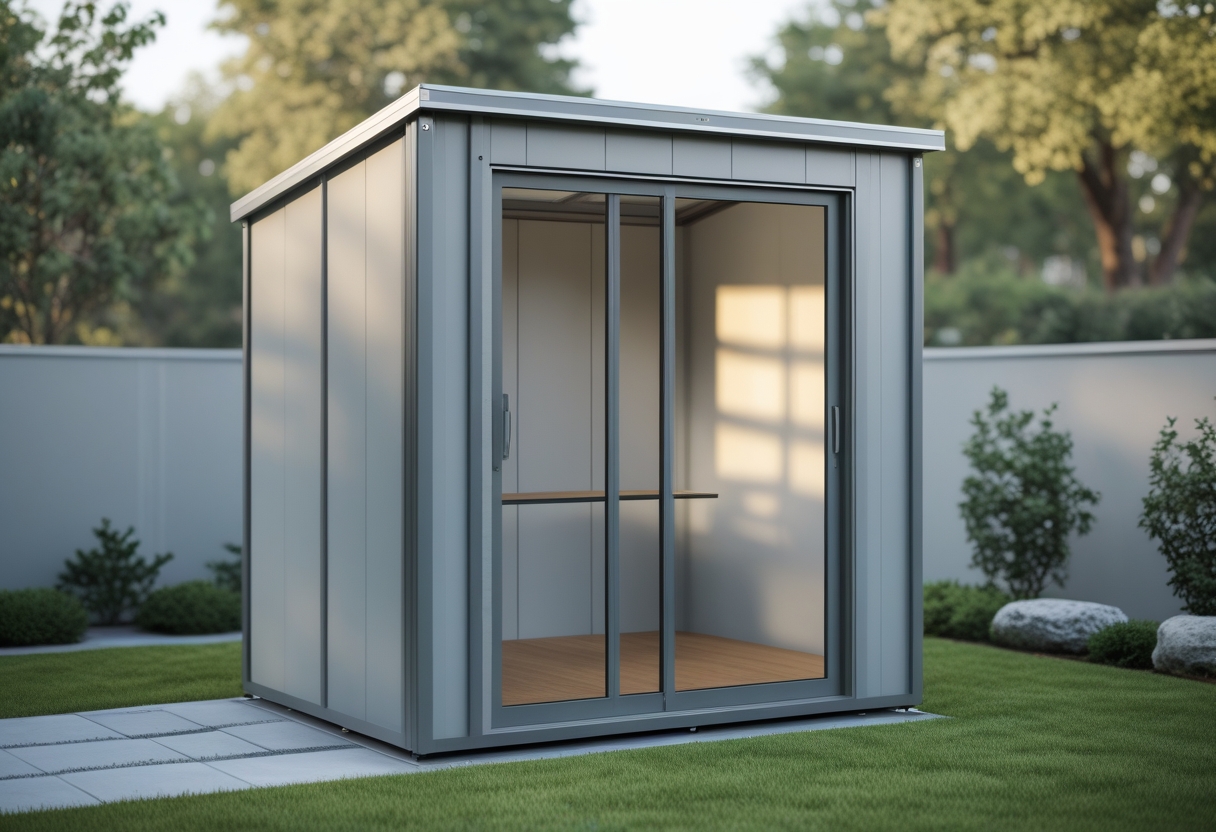 A gray metal-frame garden shed with a full-height glass door surrounded by grass and plants.