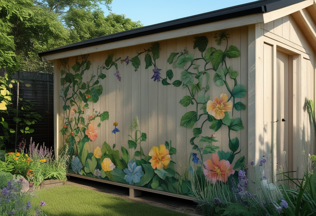 A garden shed exterior decorated with a large painted mural of leaves and flowers surrounded by plants.