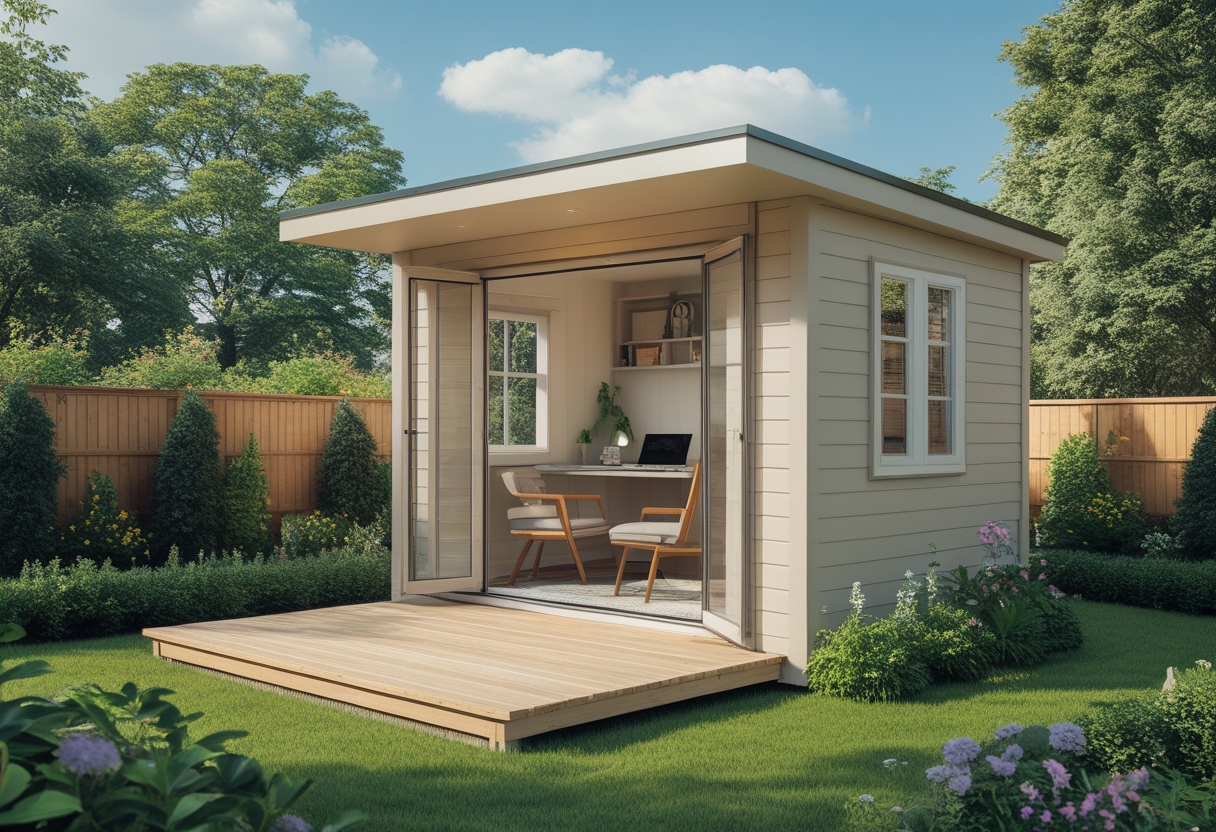 A small garden shed converted into an office with a wooden front deck surrounded by plants and flowers.