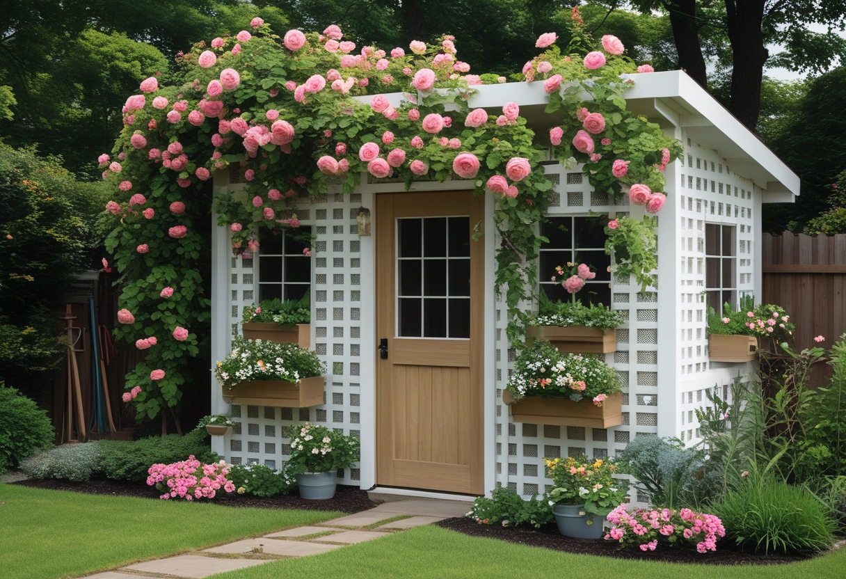 A garden shed wrapped in white lattice with climbing pink and red roses in a sunny garden.