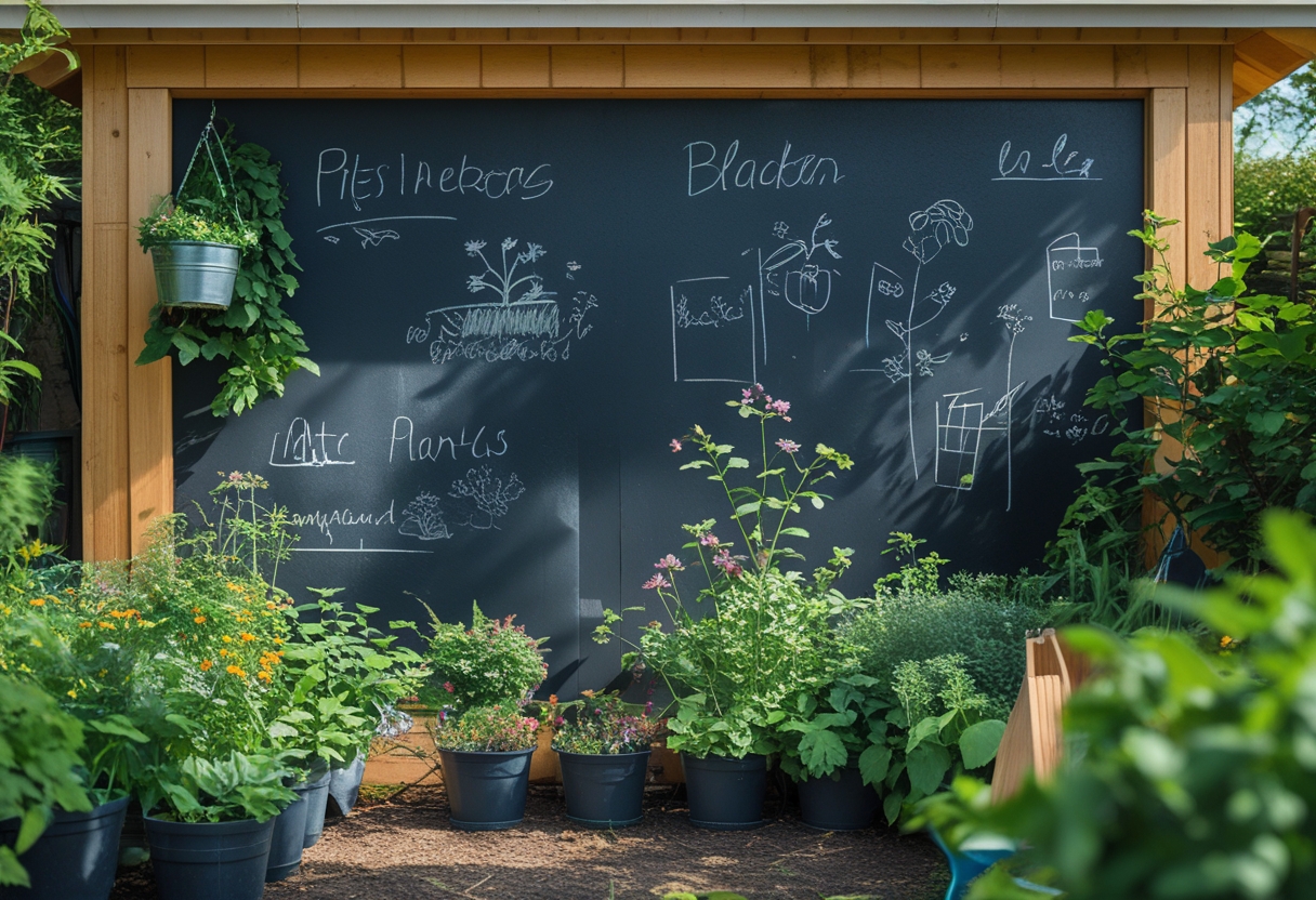 A garden shed exterior with a blackboard-painted wall used for notes and plant labels, surrounded by plants and gardening tools.
