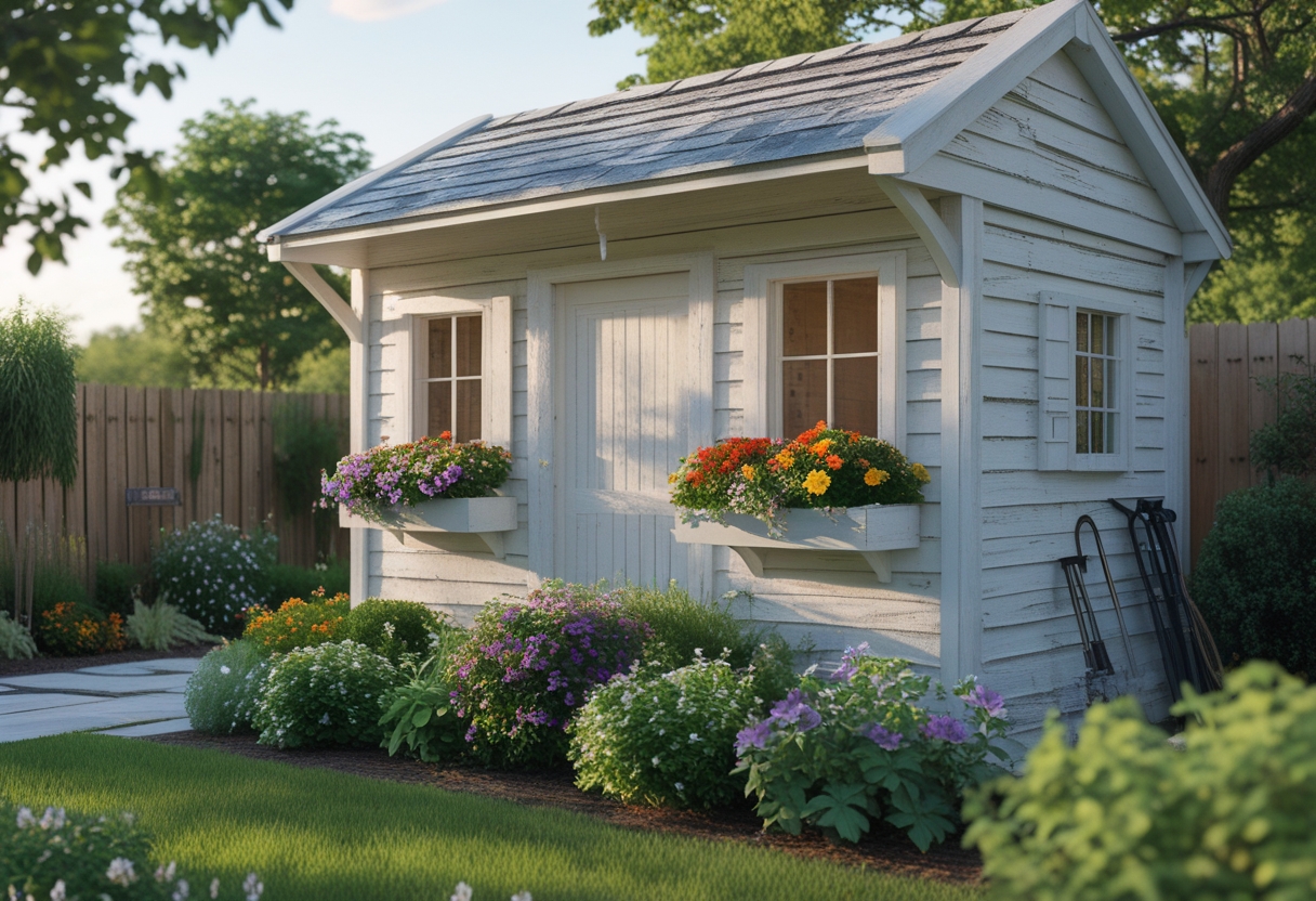 A whitewashed garden shed with colorful flower boxes under the windows, surrounded by green grass and plants.