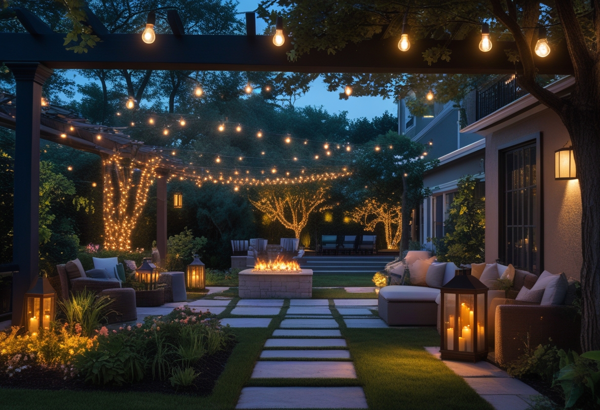 A garden at dusk featuring various outdoor lighting including string lights, lanterns, pathway lights, spotlights, candles, a fire pit, wall sconces, fairy lights, uplights on trees, and a chandelier over a dining area.