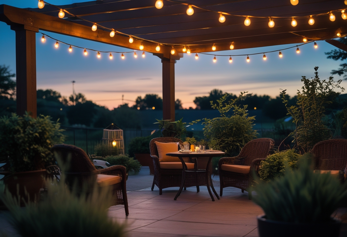Outdoor patio at dusk with string bistro lights hanging overhead and seating surrounded by plants.