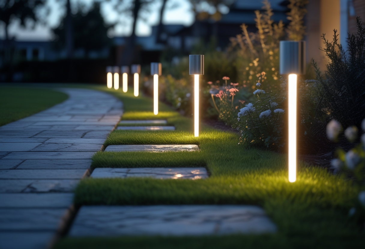 A garden pathway lit by solar stake lights at dusk with plants and grass along the sides.