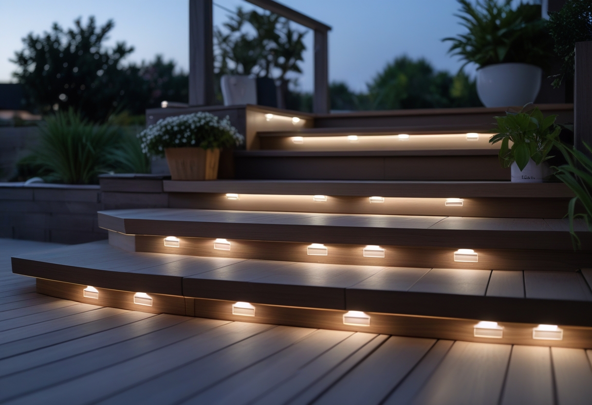 Outdoor wooden deck stairs illuminated by warm LED step lights surrounded by plants in a garden at dusk.