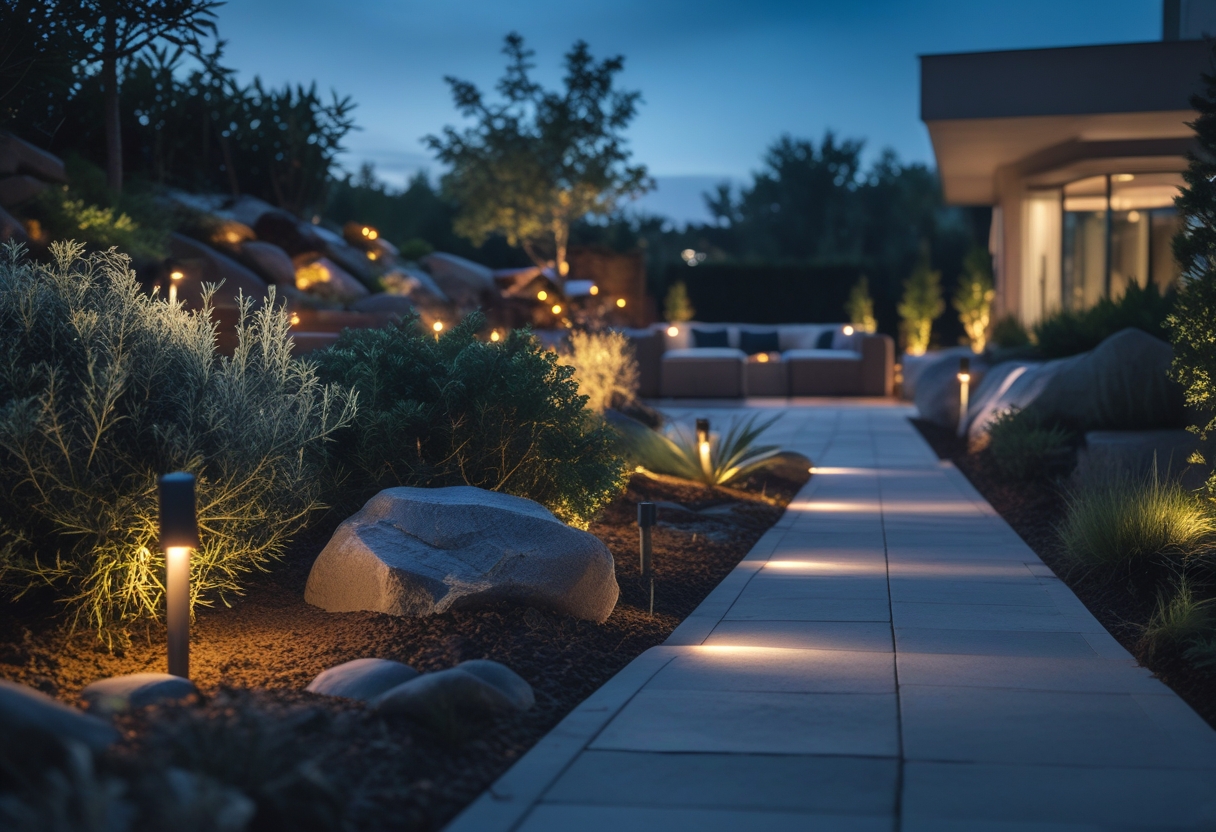 A garden at dusk with plants and pathways softly illuminated by low-voltage spotlights.