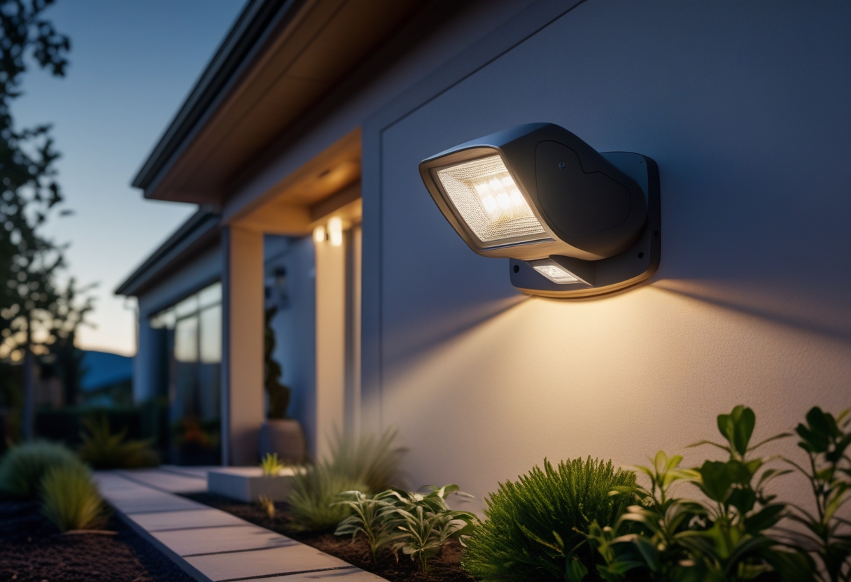A motion-sensor floodlight casting warm white light on a house exterior and garden pathway at dusk.