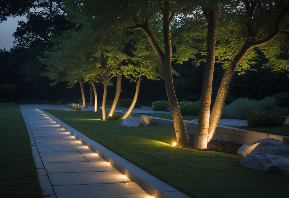 Nighttime garden with recessed ground lights illuminating trees along a stone pathway.