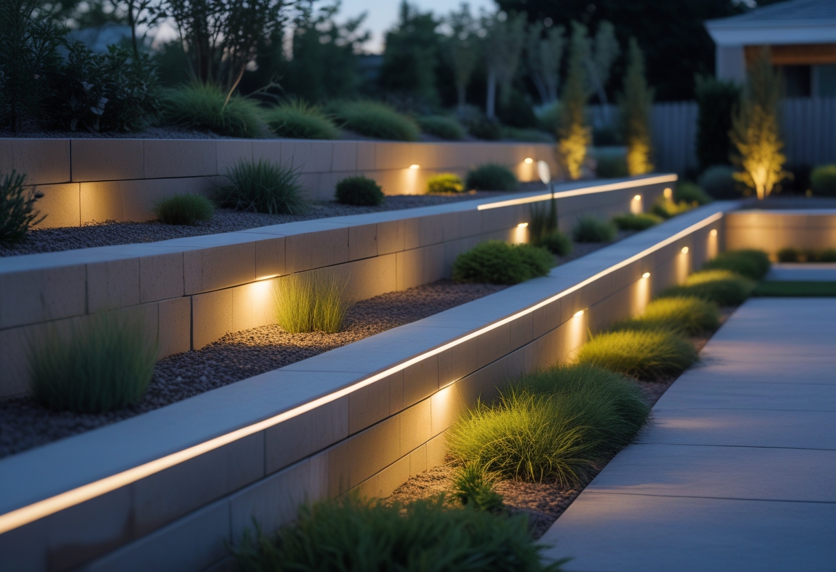 Outdoor retaining walls with embedded strip lighting glowing softly along the edges, surrounded by plants and a pathway at twilight.