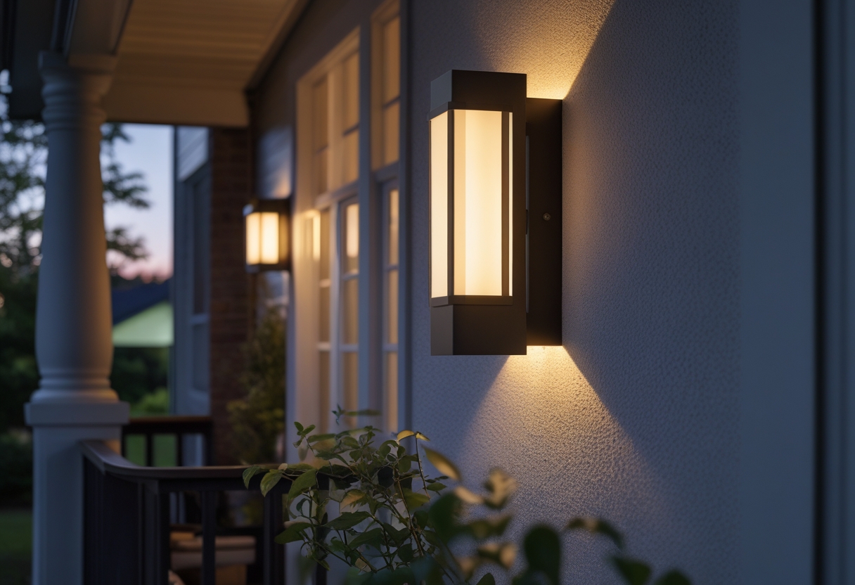 Wall-mounted sconce light glowing on a porch exterior wall with wooden railing and plants nearby at dusk.