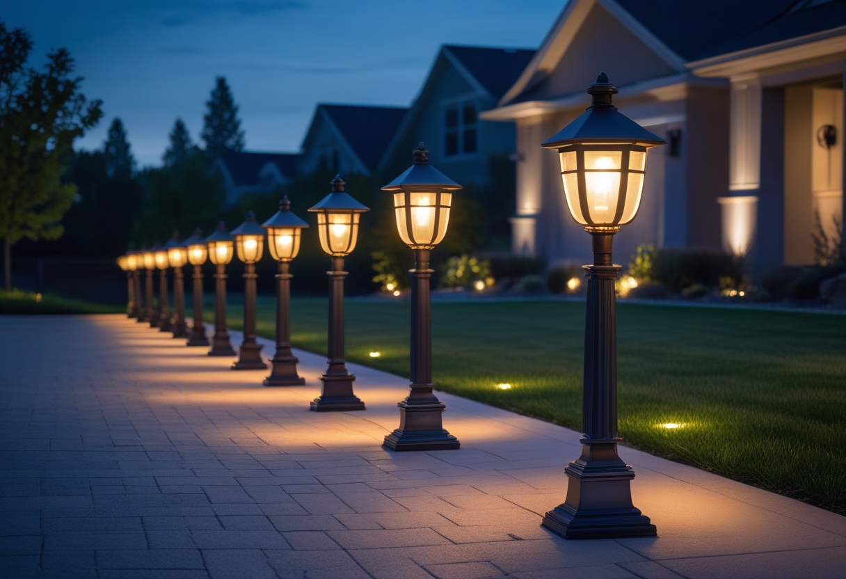 A driveway lined with lantern-style post lights glowing softly at dusk in front of a suburban house.