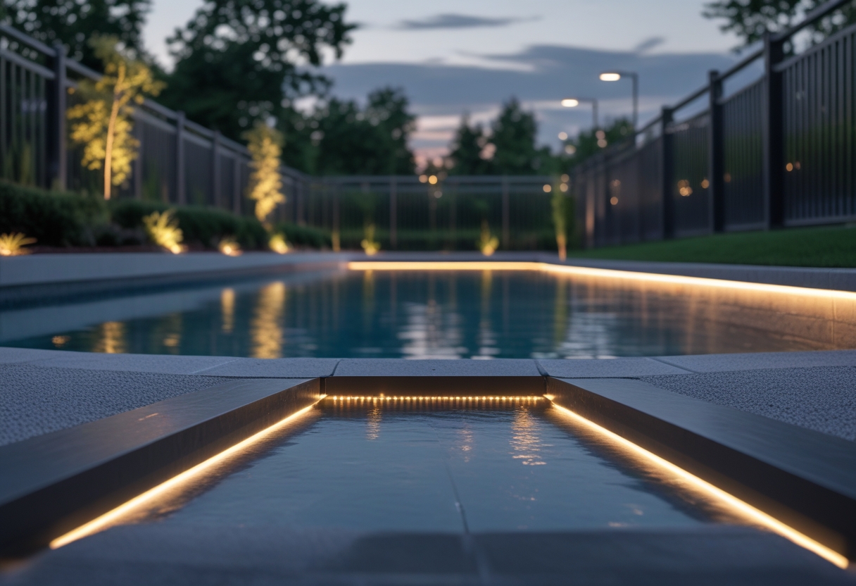 Outdoor pool area with a metal fence illuminated by LED strip lights under the rail, showing a glowing pathway around the pool at dusk.