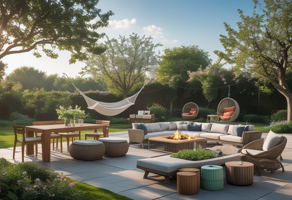 A garden with ten different types of outdoor furniture including tables, chairs, a hammock, and a fire pit surrounded by greenery and flowers.