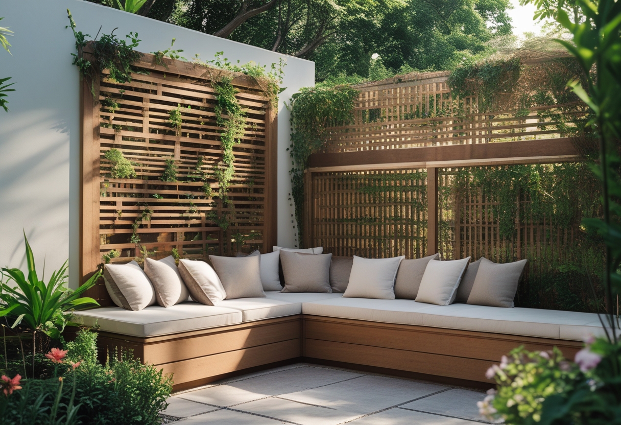 Built-in L-shaped outdoor bench with a wooden trellis back surrounded by plants in a garden setting.
