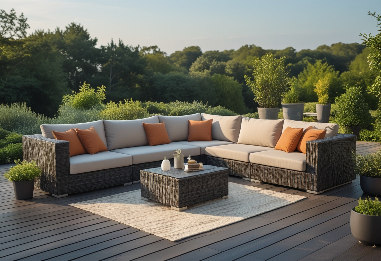 Outdoor patio with a large wicker sectional sofa with deep cushions surrounded by plants and natural light.