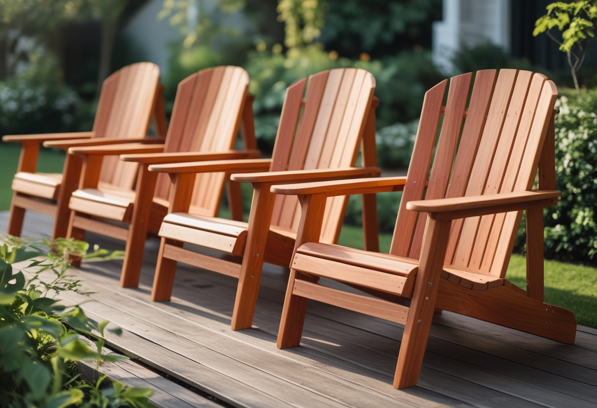 Two cedar Adirondack chairs placed on a wooden deck surrounded by green plants and a lawn.