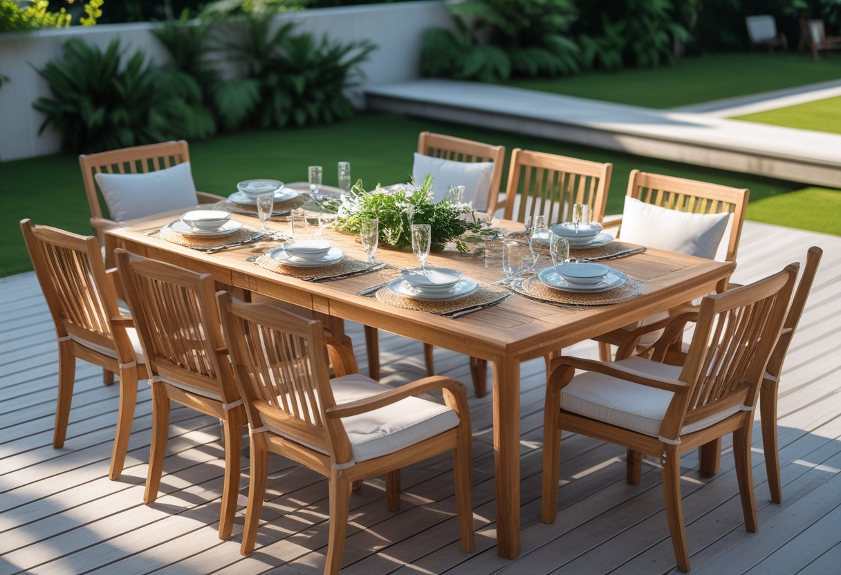 An outdoor teak dining table with extendable leaves set for eight people on a wooden patio surrounded by greenery.