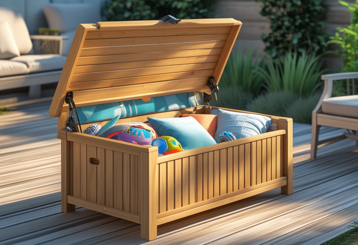 Outdoor storage bench with hinged lid open, showing toys and cushions inside on a wooden deck in a backyard.