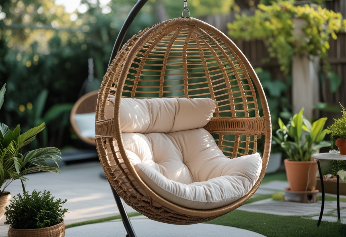 A hanging rattan egg chair with a waterproof cushion in an outdoor garden setting surrounded by plants.