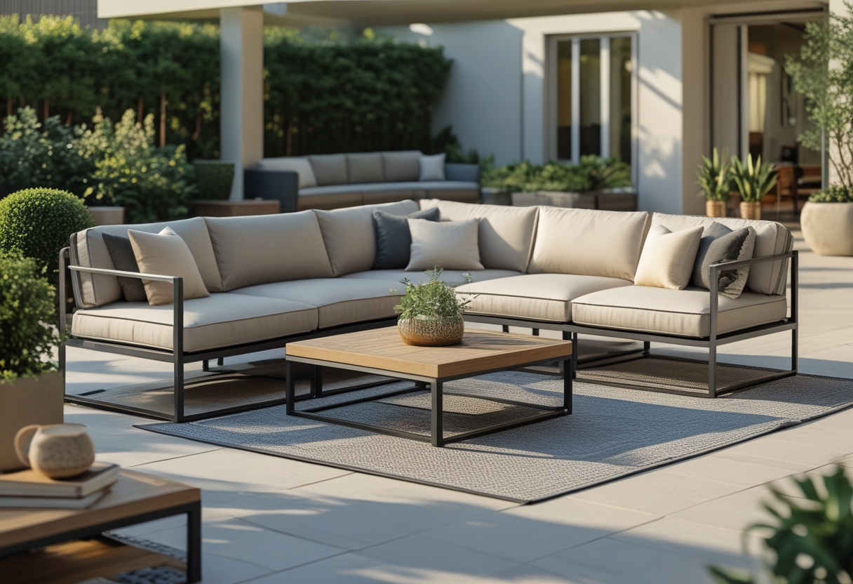 Outdoor patio with a modular aluminum sofa set surrounded by plants and a coffee table.