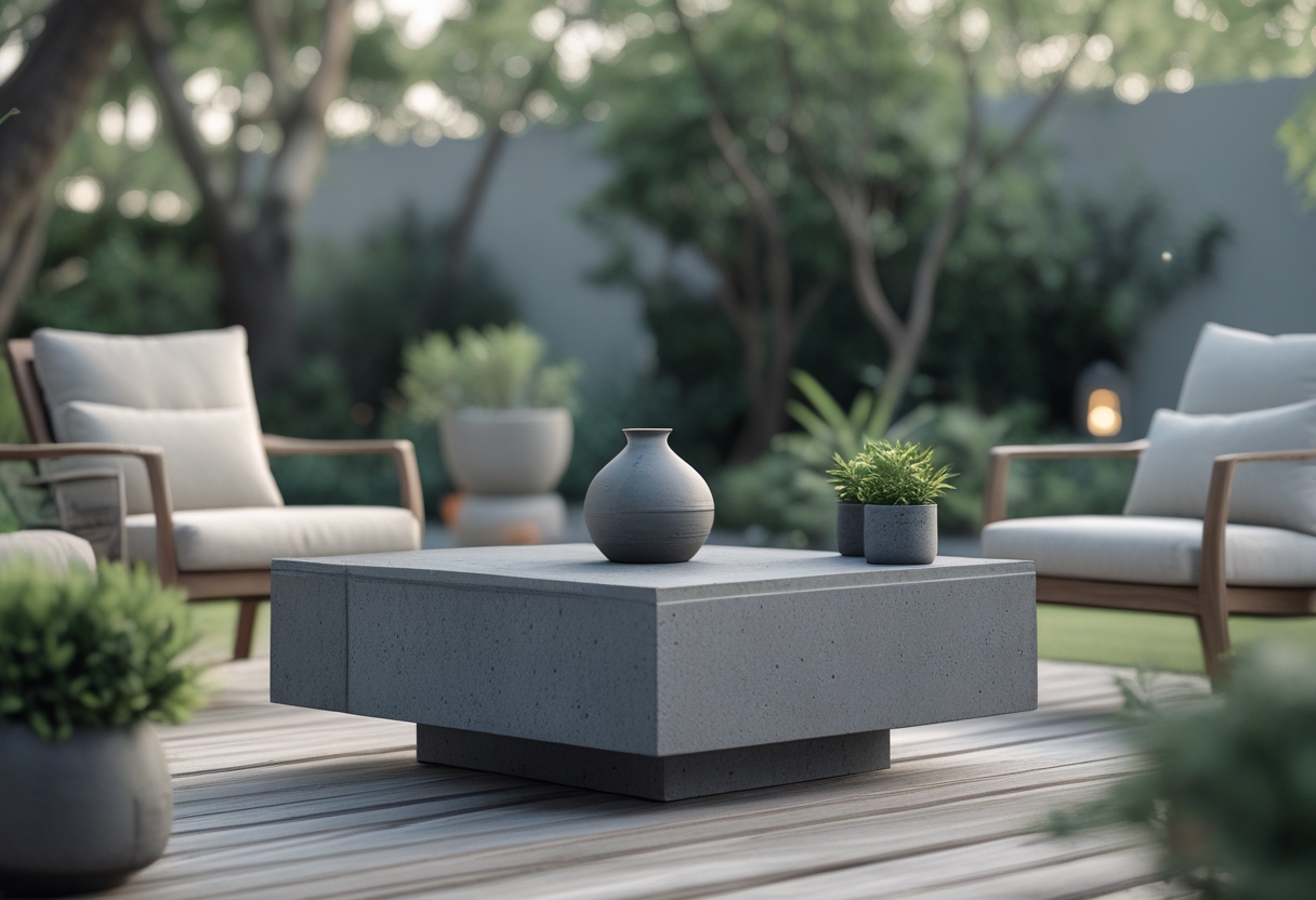 Outdoor scene with a concrete coffee table topped with slate surrounded by chairs and plants on a wooden deck.