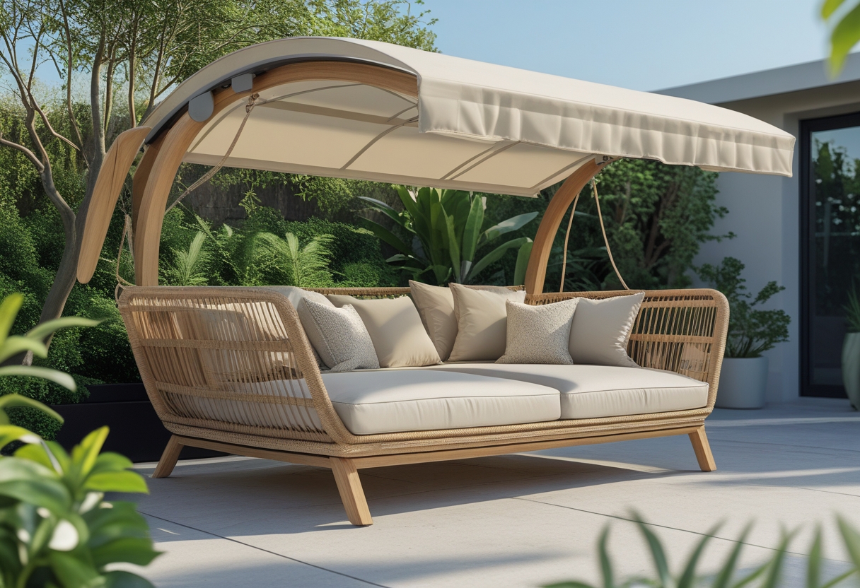 Outdoor daybed with canopy and adjustable shade in a sunny garden setting surrounded by green plants.