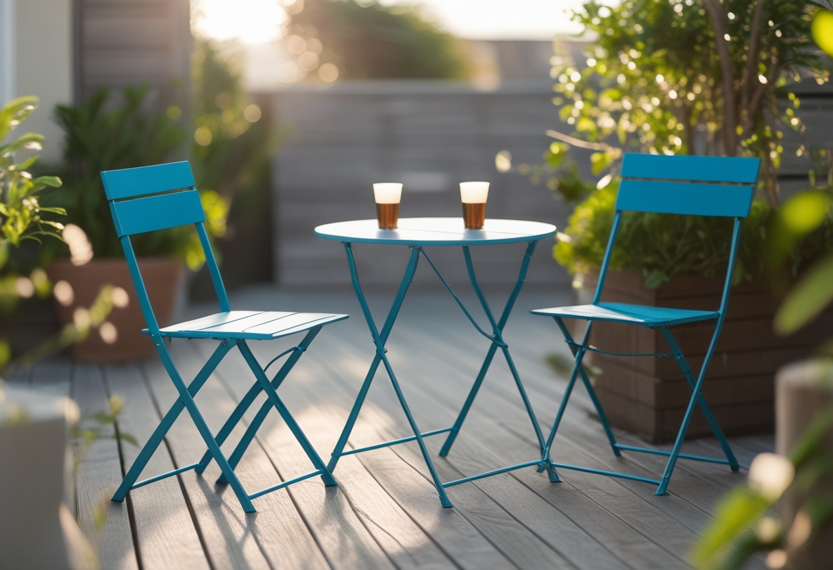 Foldable outdoor bistro table and two chairs on a wooden patio surrounded by plants.