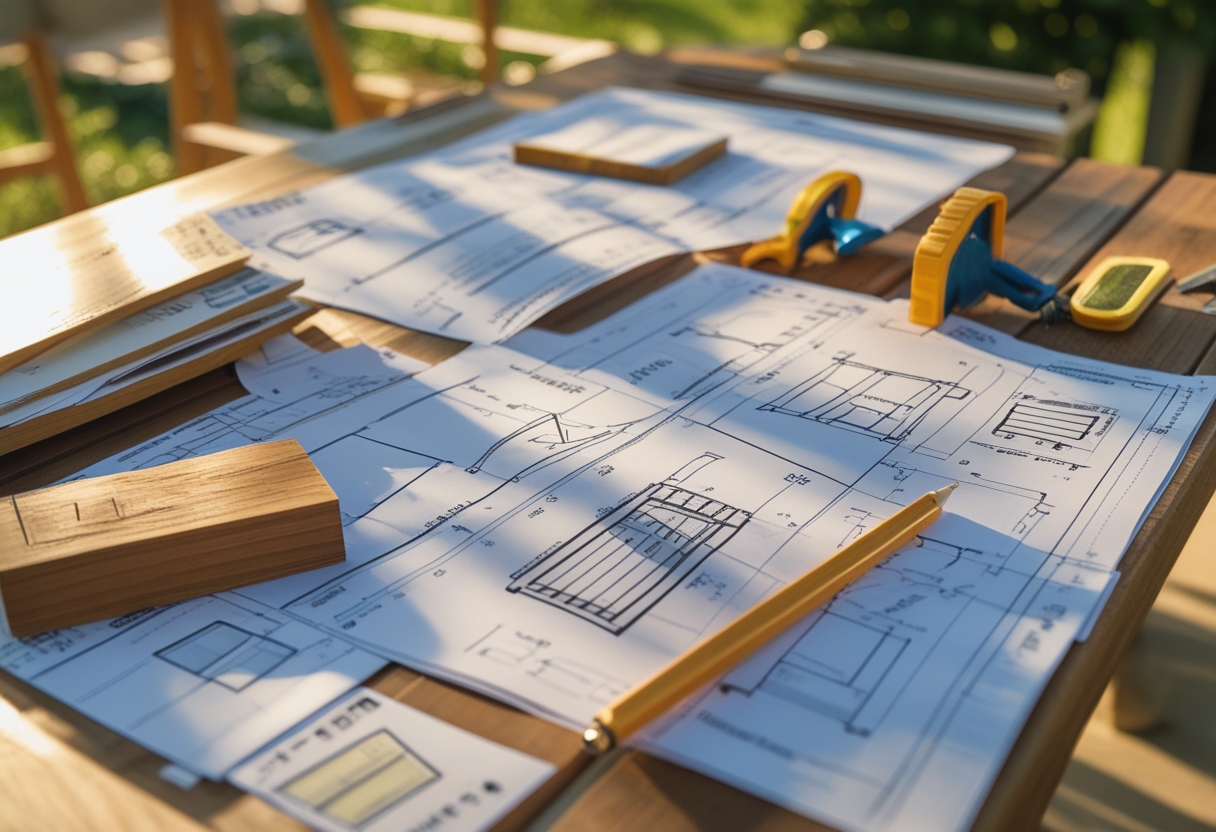 A wooden table outdoors with detailed outdoor furniture blueprints and woodworking tools, set against a garden background.