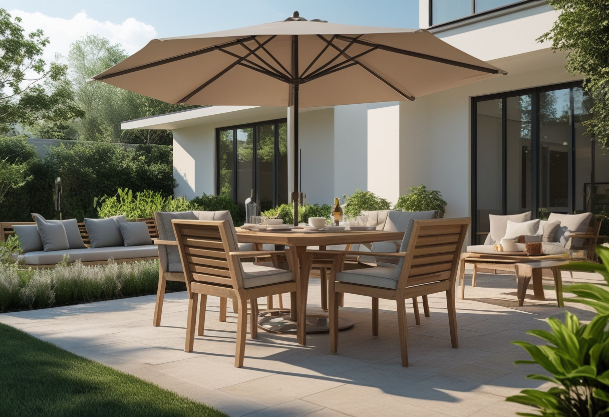 An outdoor patio with a wooden dining table, cushioned chairs, a large umbrella, and surrounding plants in a garden setting.